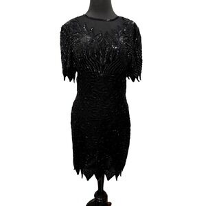 DENISE ELLE Beaded Sequin Dress S Black 100% silk knee length Vintage